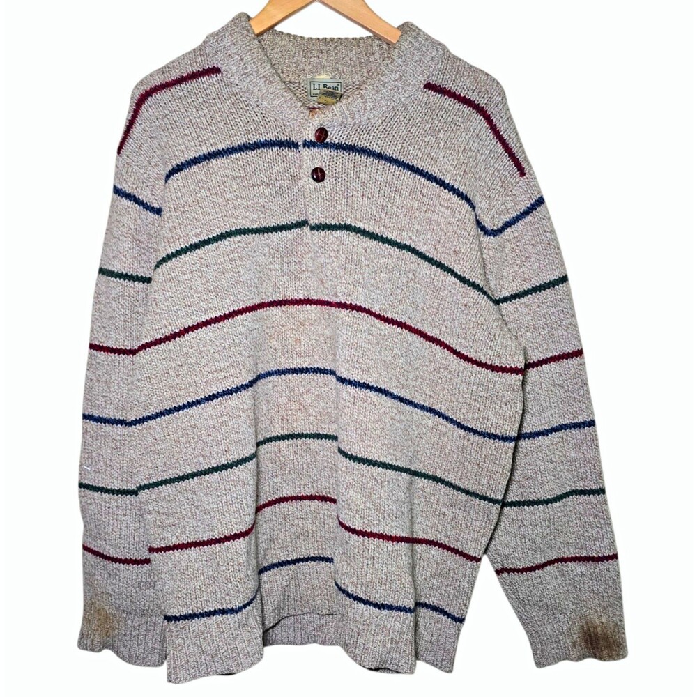 Vintage LL Bean Mens XXL Lambswool Henley Sweater Striped Beige Chunky Knit